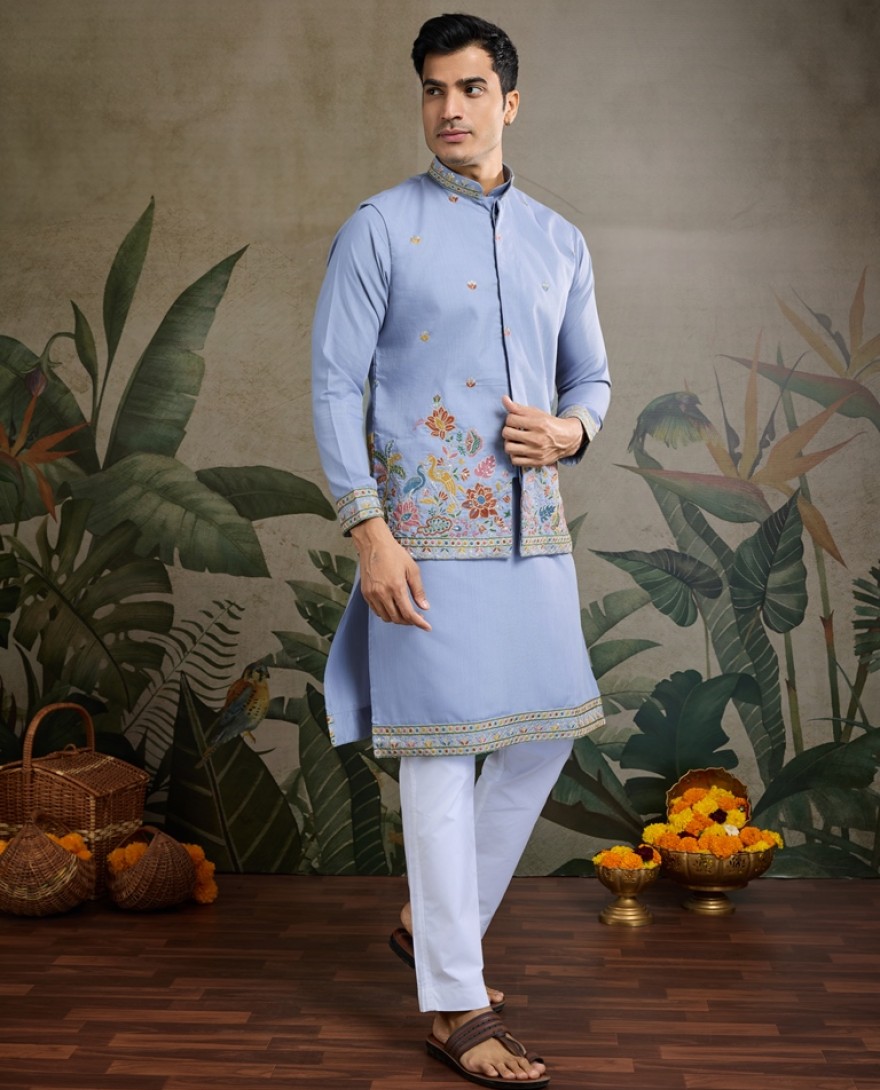 61237-blue - Sky Blue Men's Kurta Koti Set – Stylish & Elegant